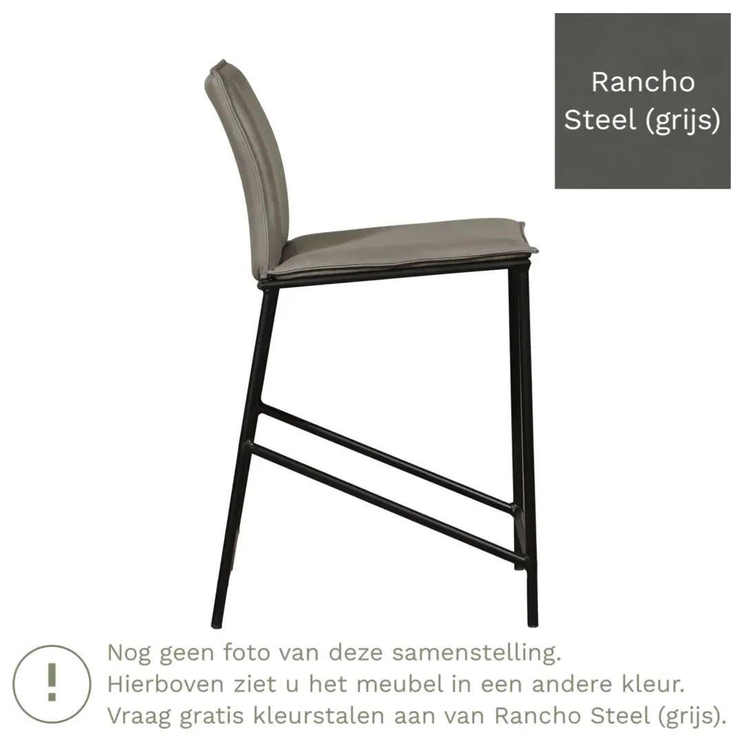 afbeelding van Leren barkruk laag Favor - Rancho Steel (grijs) - poten staal rond zwart